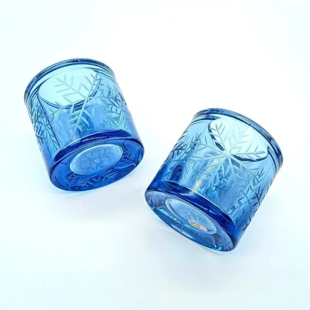 Handmade Swiss Blue Snowflake Glass Votive Candle Holders (2)